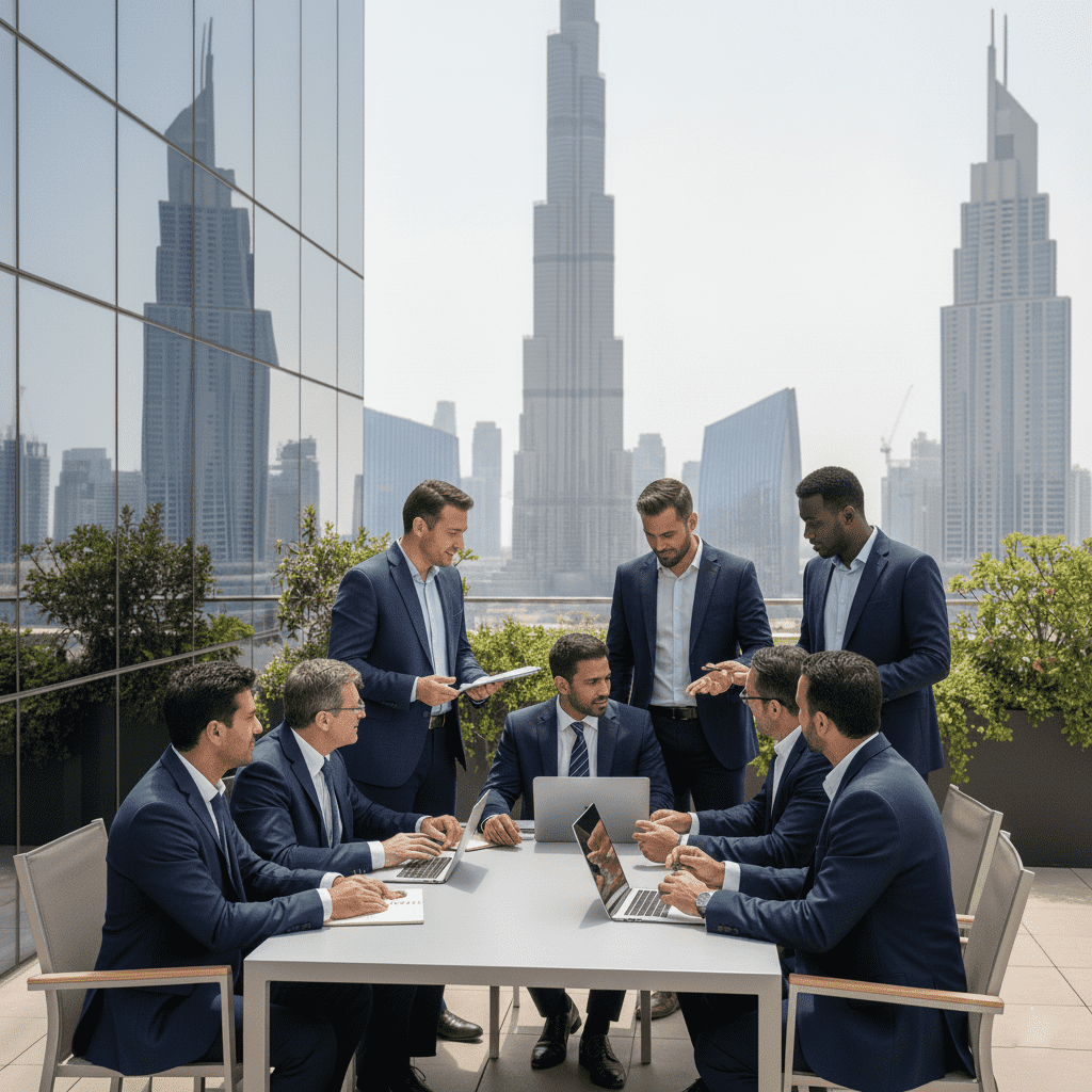  A visual of Dubai’s skyline with professionals and students representing a global learning environment 