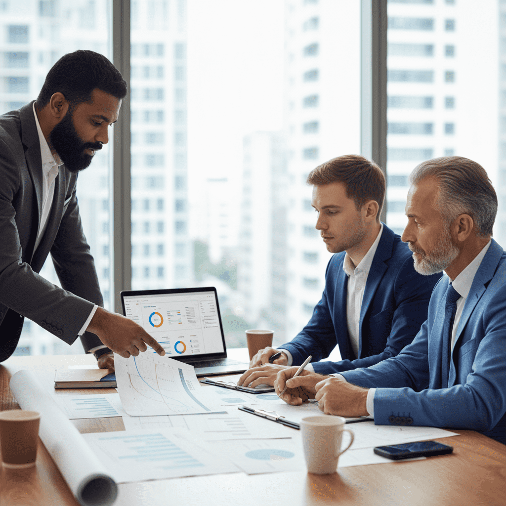  “Professional project managers discussing project plans following PMP methodology” 