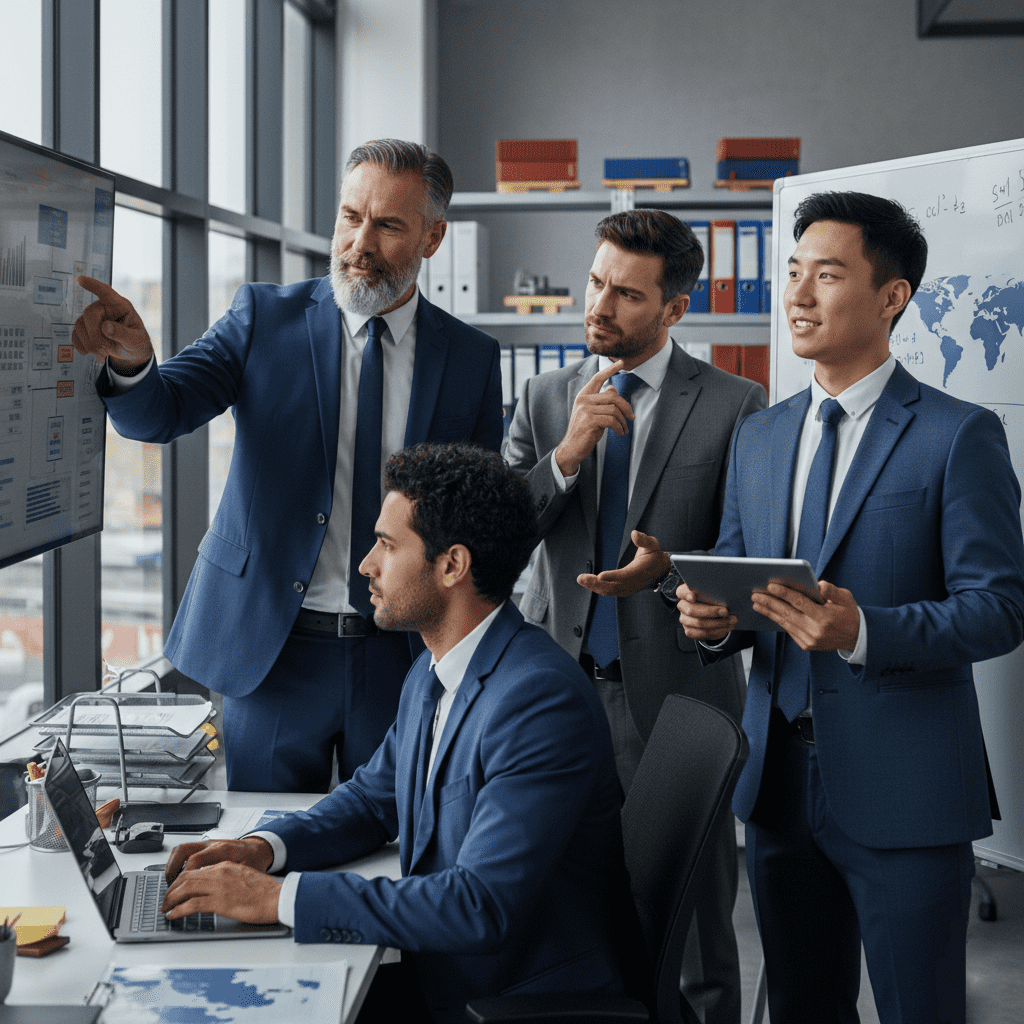  Supply chain management professionals planning logistics and operations in a modern workspace 