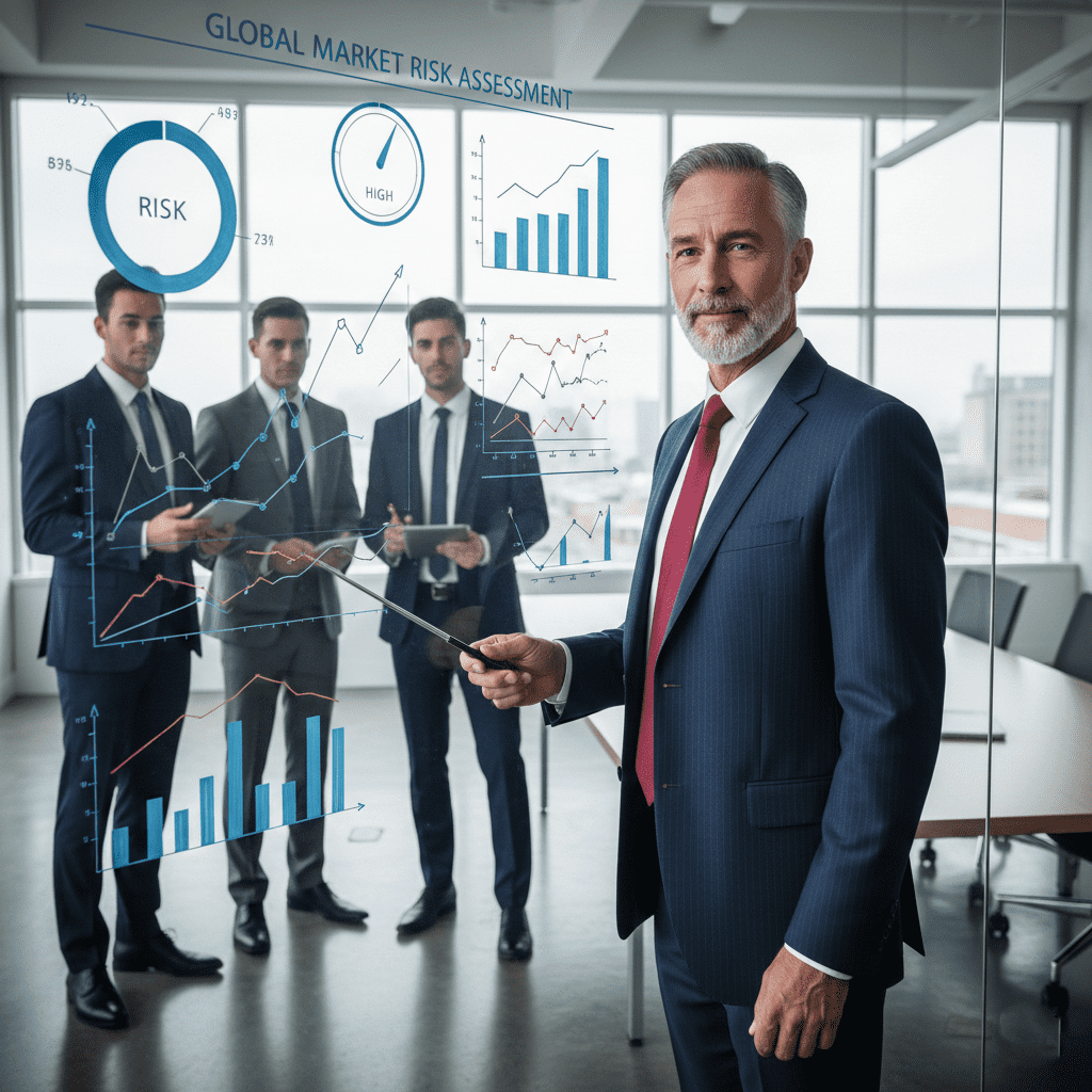  “A finance manager explaining financial data and risk indicators in a modern office. 