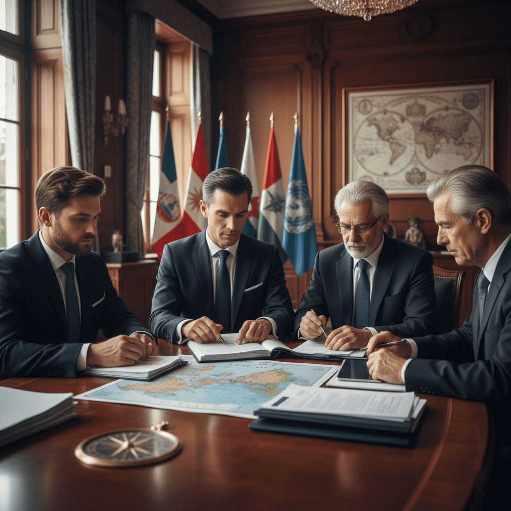  Professional diplomats discussing international relations in an official meeting room 
