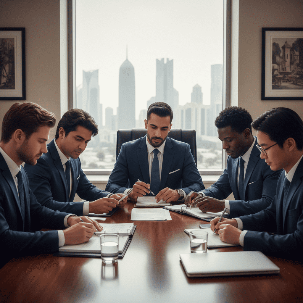  Legal experts reviewing arbitration files in Qatar 