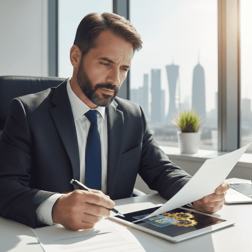 professional man reviewing professional fellowship documents in a modern office, showing focus and professional expertise 