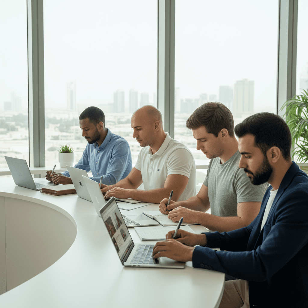 students in different attire studying for a UK Accredited MBA in Bahrain via Gate Academy Dubai, using laptops in a modern setting. 