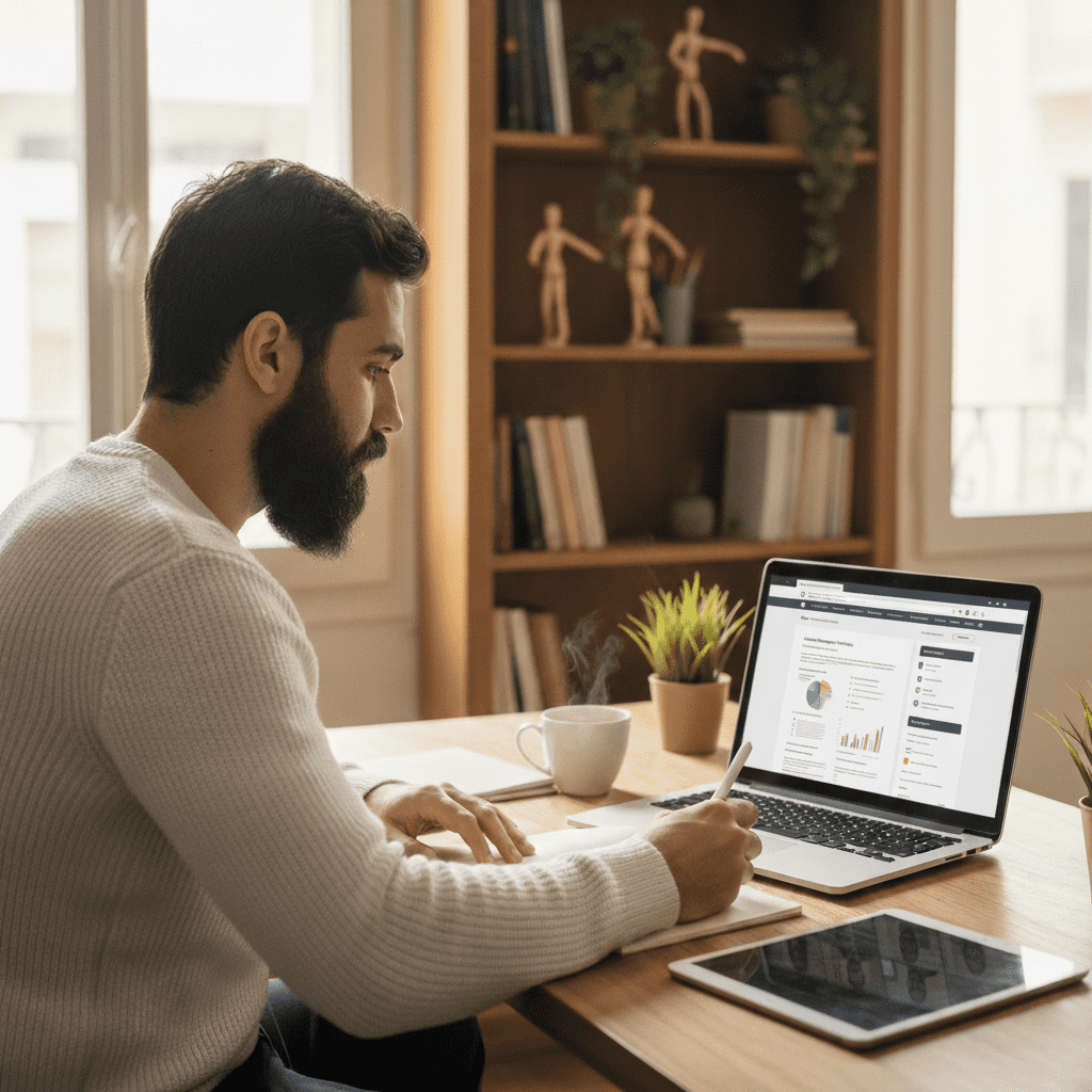  A man studying a professional fellowship online with educational documents on a laptop screen. 