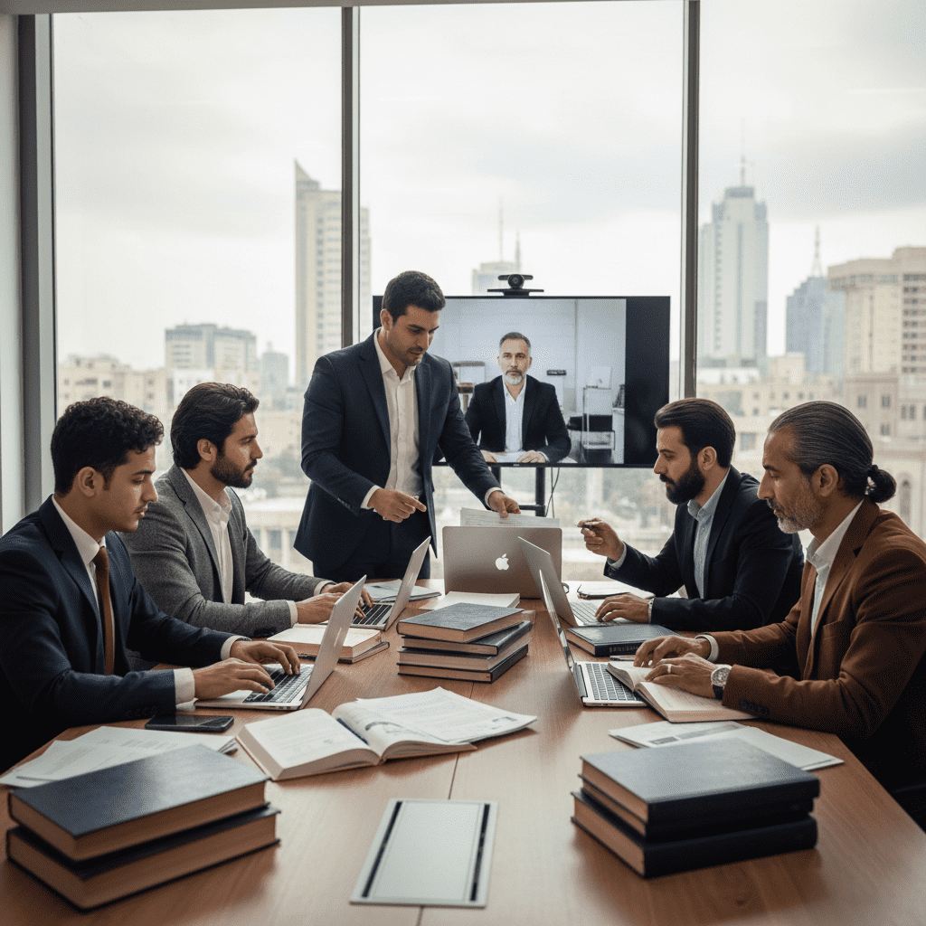  Iraqi experts studying accredited international fellowship on laptops inside a modern Baghdad office. 