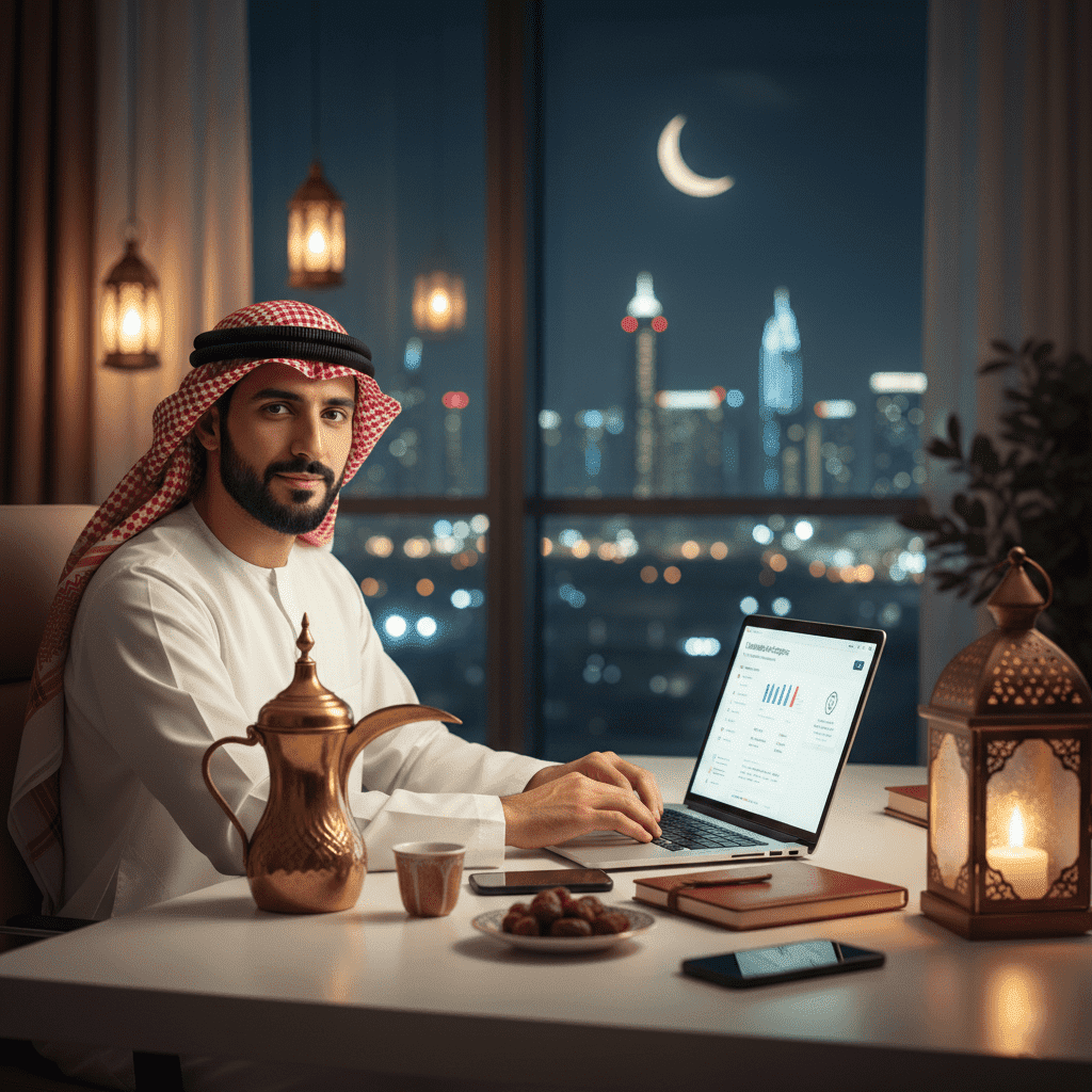  Professional male student studying for an Online Master Degree with Gate Academy during Ramadan sunset. 