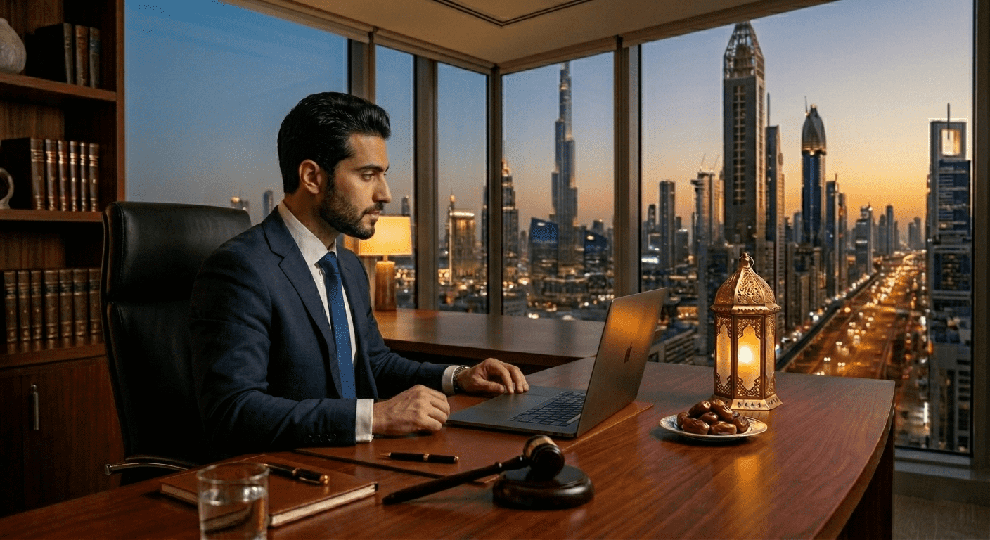  Legal professional studying International Commercial Arbitration online at a luxury office during Ramadan. (13 words) 