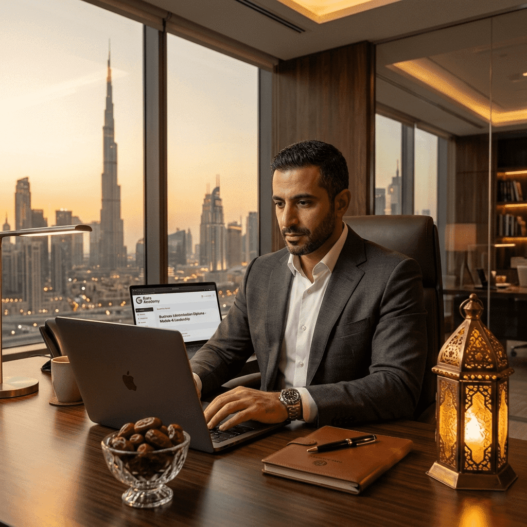  Professional studying for an online Business Administration Diploma with Gate Academy during Ramadan 