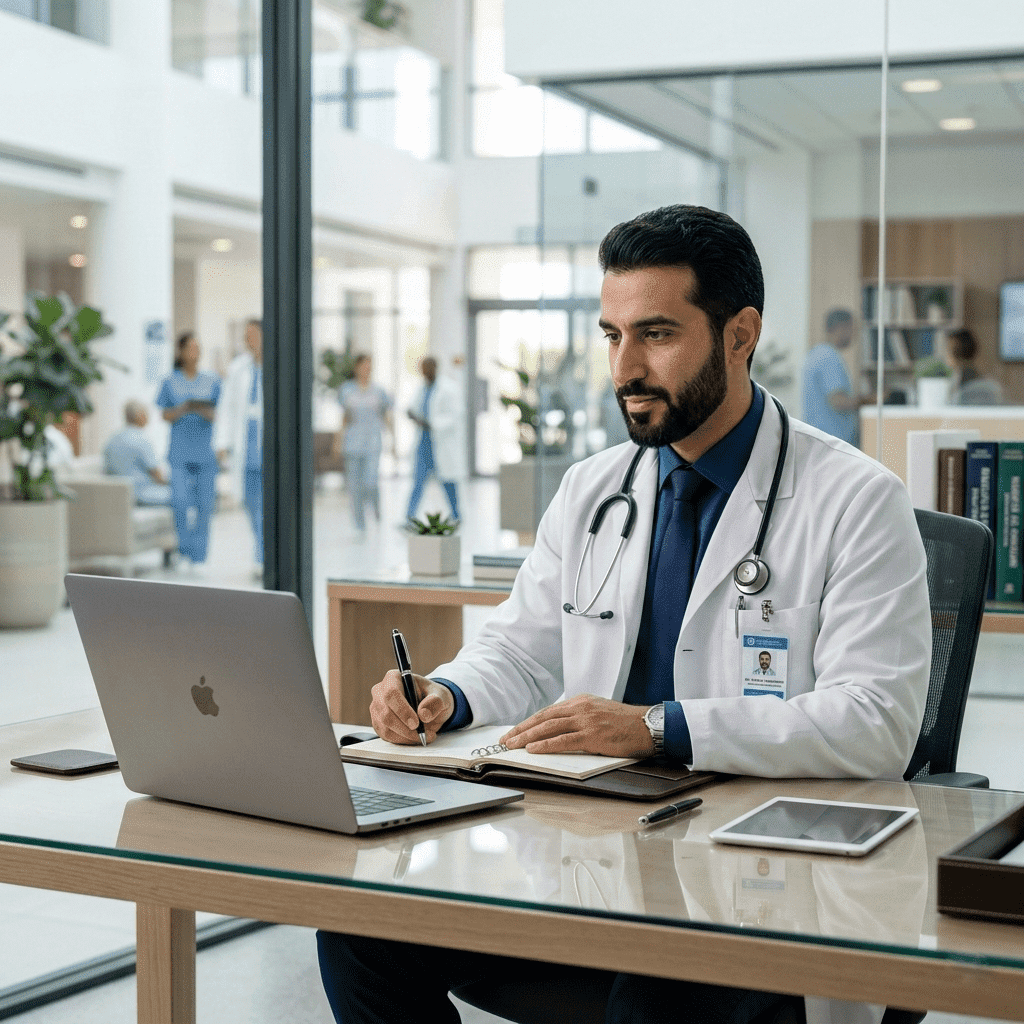  Medical professional studying for an online Master's in Hospital Management with Gate Academy during Ramadan 