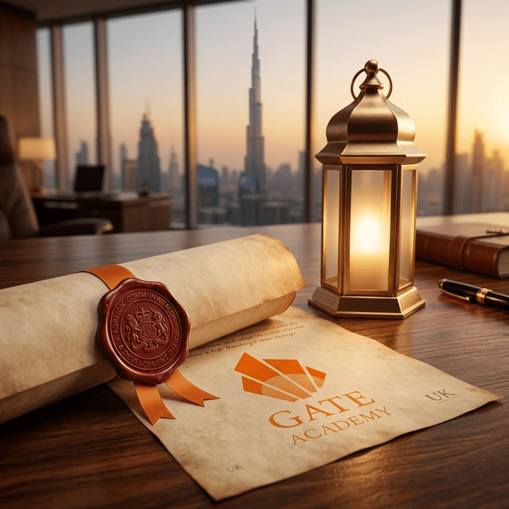  UK Foreign Ministry attestation seal on a Gate Academy degree next to a Ramadan lantern 