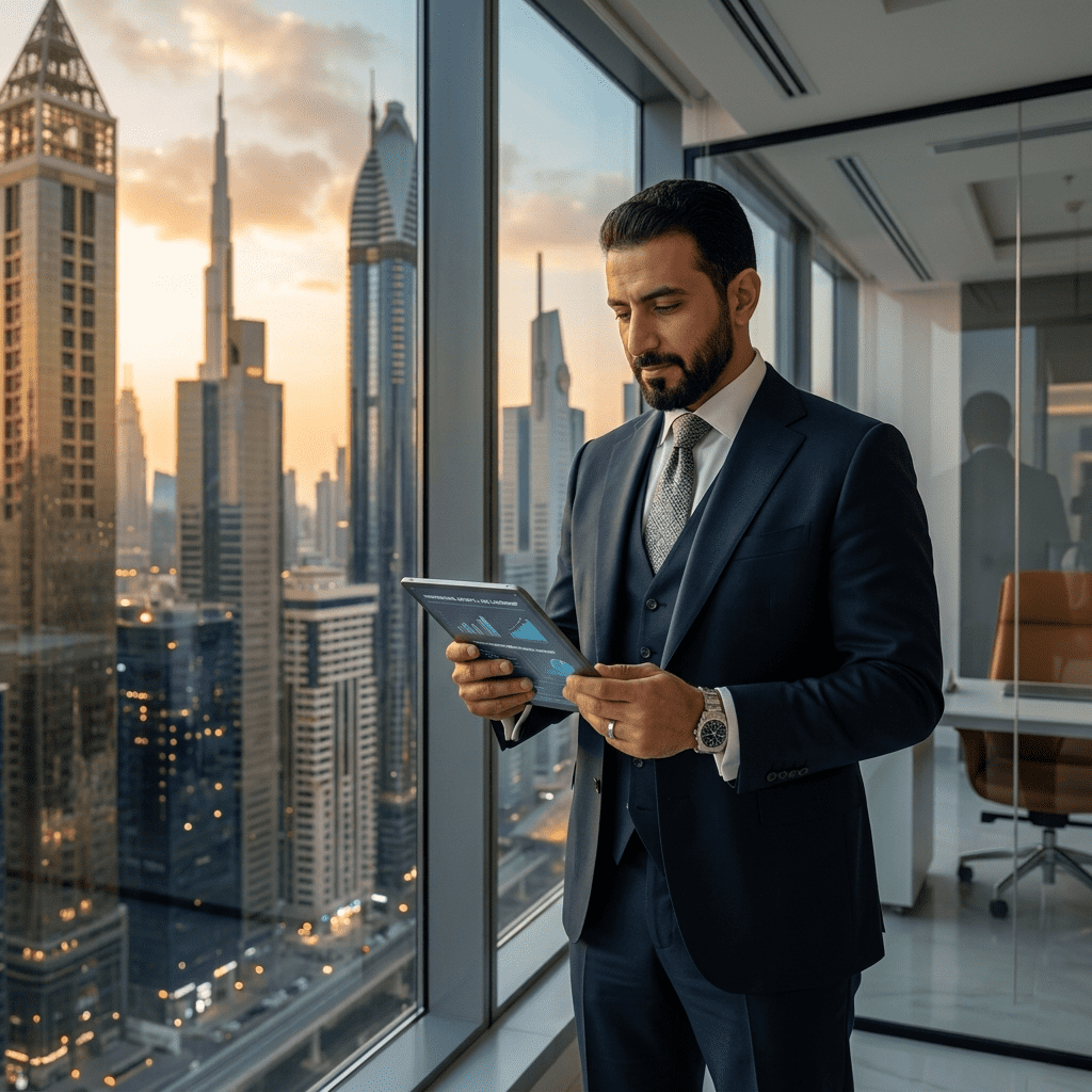 An executive manager in Dubai planning his professional future with Gate Academy in front of the Dubai city skyline 
