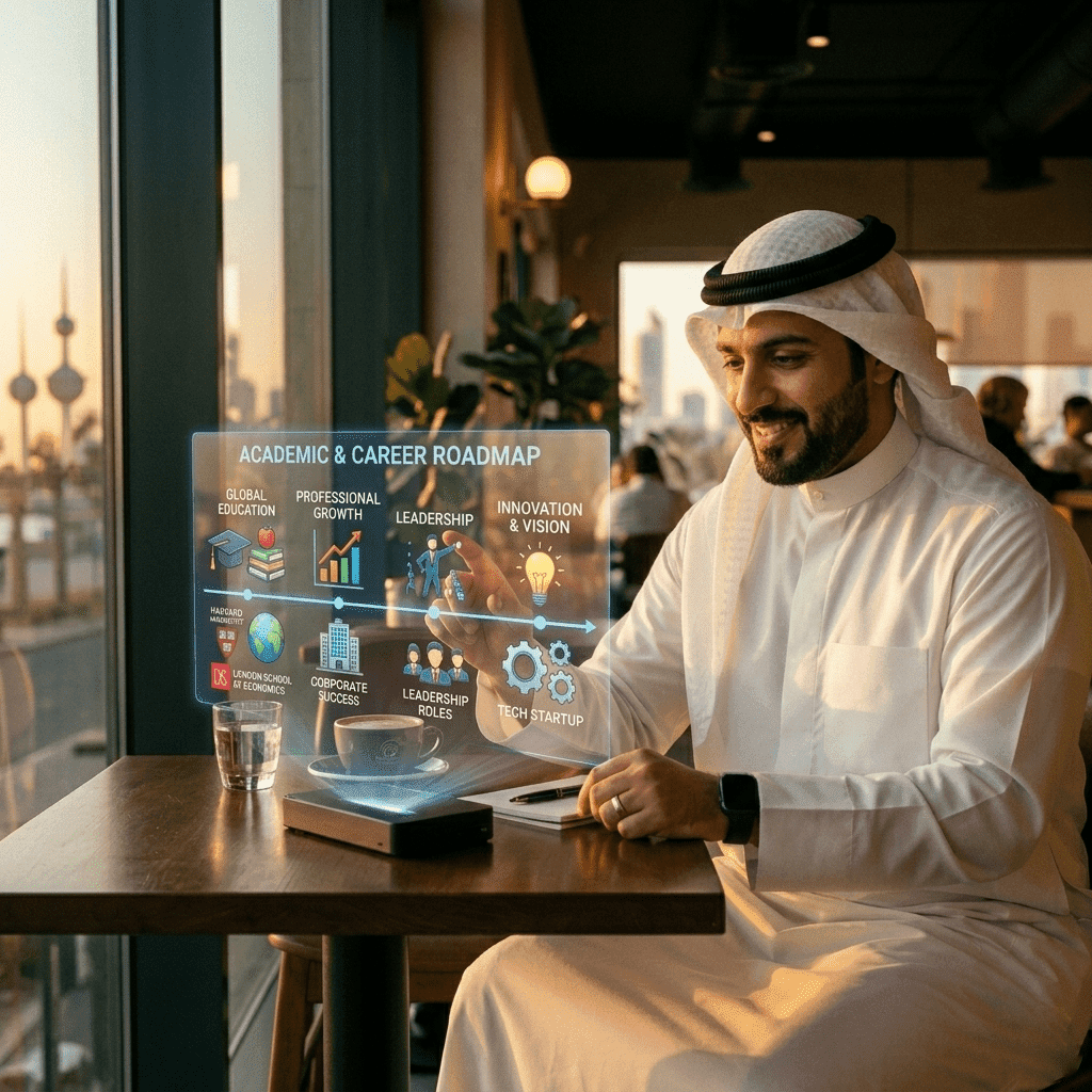  Kuwaiti professional interfacing with holographic futuristic learning, representing academic future under New Kuwait 2035 