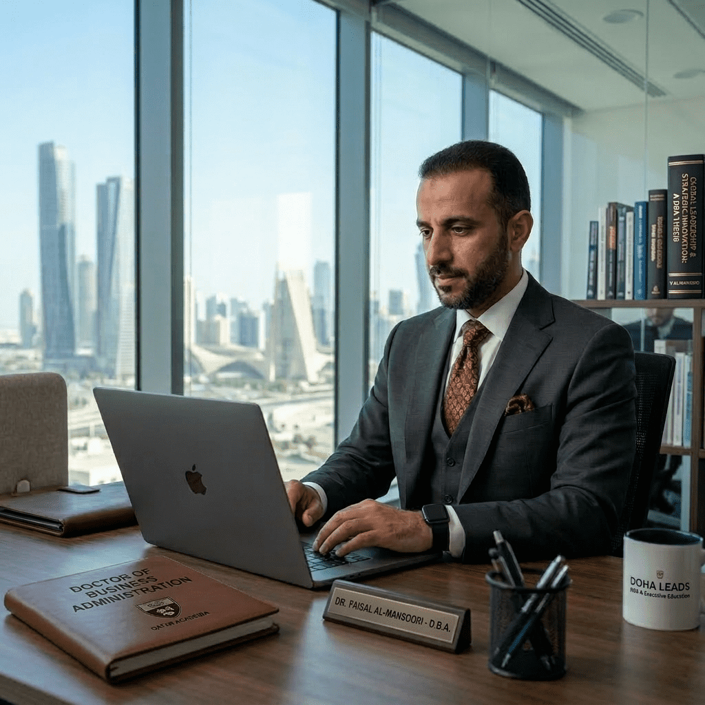  Qatari businessman studying online professional DBA program on laptop 