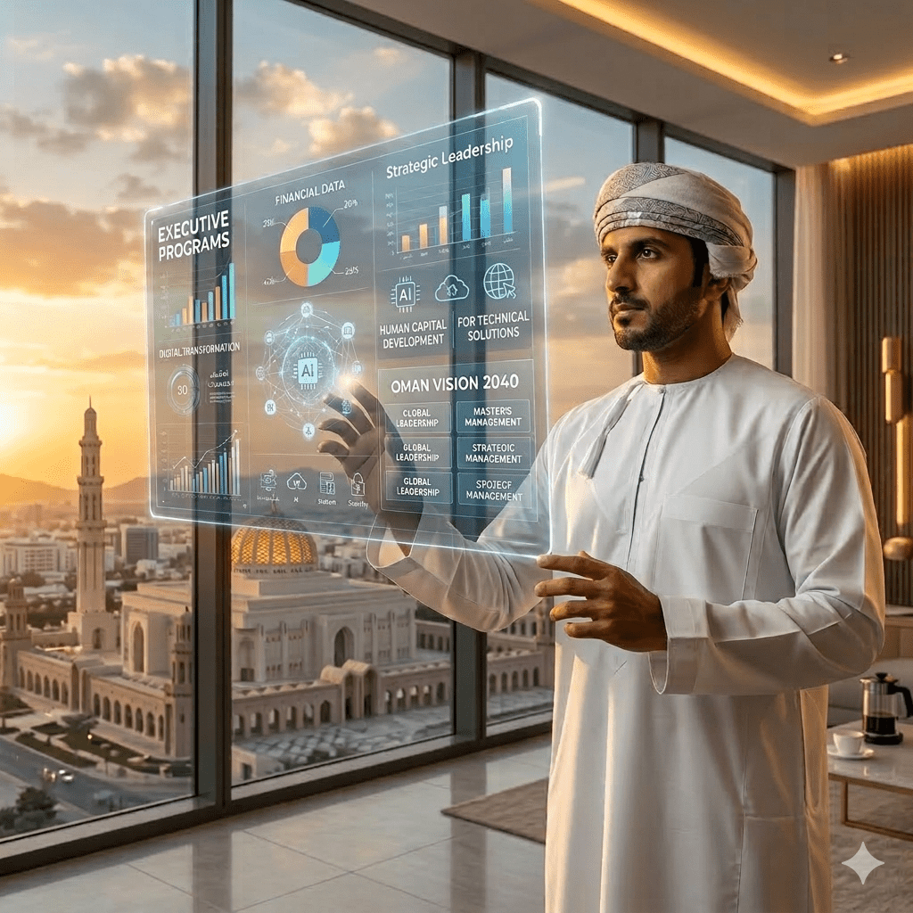  "Omani professional planning leadership future via digital interface under Oman Vision 2040." 