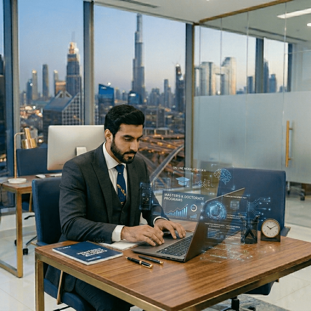  Arab man studying online with Master’s and Doctorate content on laptop 